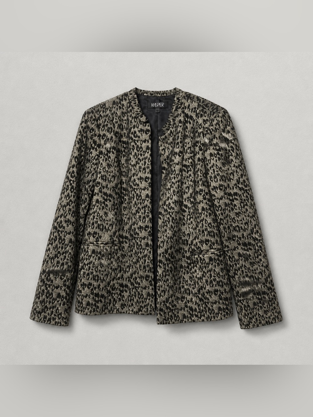 Kasper Black Leopard-Print Silver/Gold Tone Collarless Blazer 12